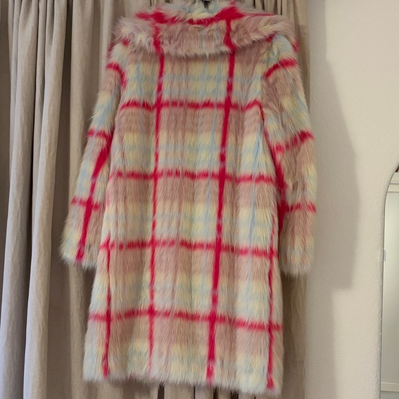 NVLT Anthropologie Tartan Plaid Faux Fur Coat - Pink and White - Picture 7 of 15